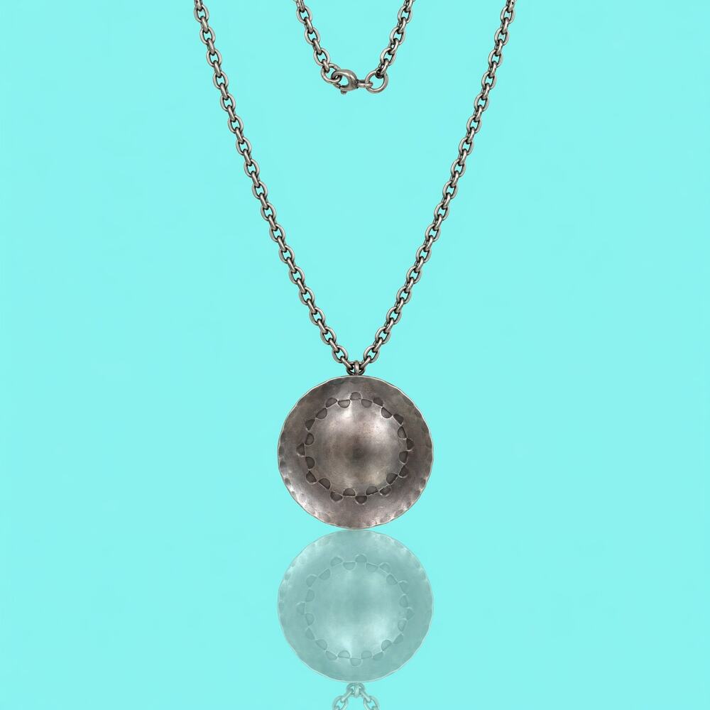 Vintage Modernist Hammered Silver Disc Pendant Necklace - Scalloped Edge - 18"